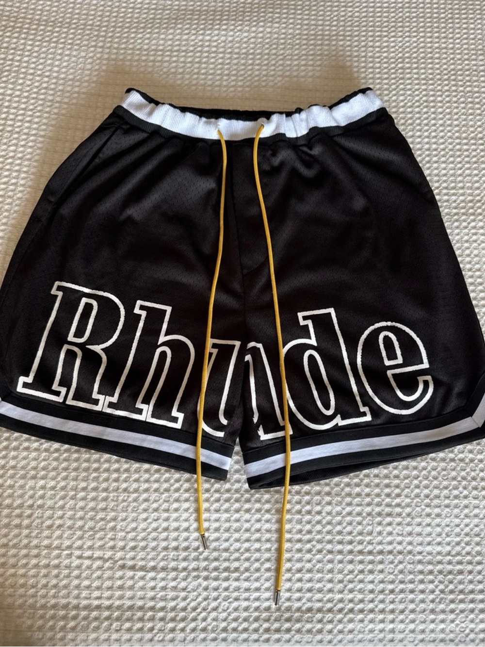 Rhude Black White Basketball Shorts with Yellow Drawstrings